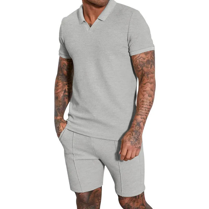 Men's two-piece lapel polo suit set in polyester fibre with top and pants, available in five colours