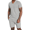 Men's two-piece lapel polo suit set in polyester fibre with top and pants, available in five colours