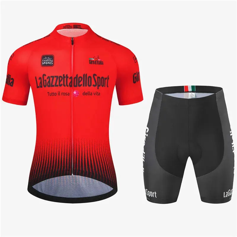 Patterned short sleeve road cycling jersey on a hanger, showing quick-dry polyester fabric.