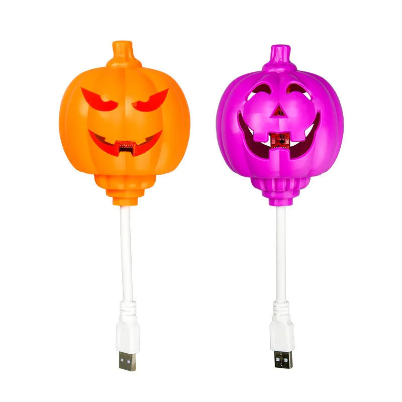 Plastic pumpkin lamp with USB cable, showing yellow and purple light options, scale shown against 8.3x22cm dimensions