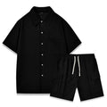 Beige polyester two-piece set with short sleeve top and elastic waist shorts laid flat.