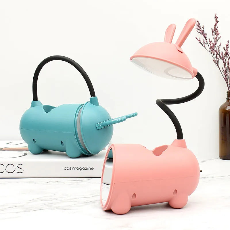 Cartoon-style USB desktop table lamp with pen container in dark blue colour
