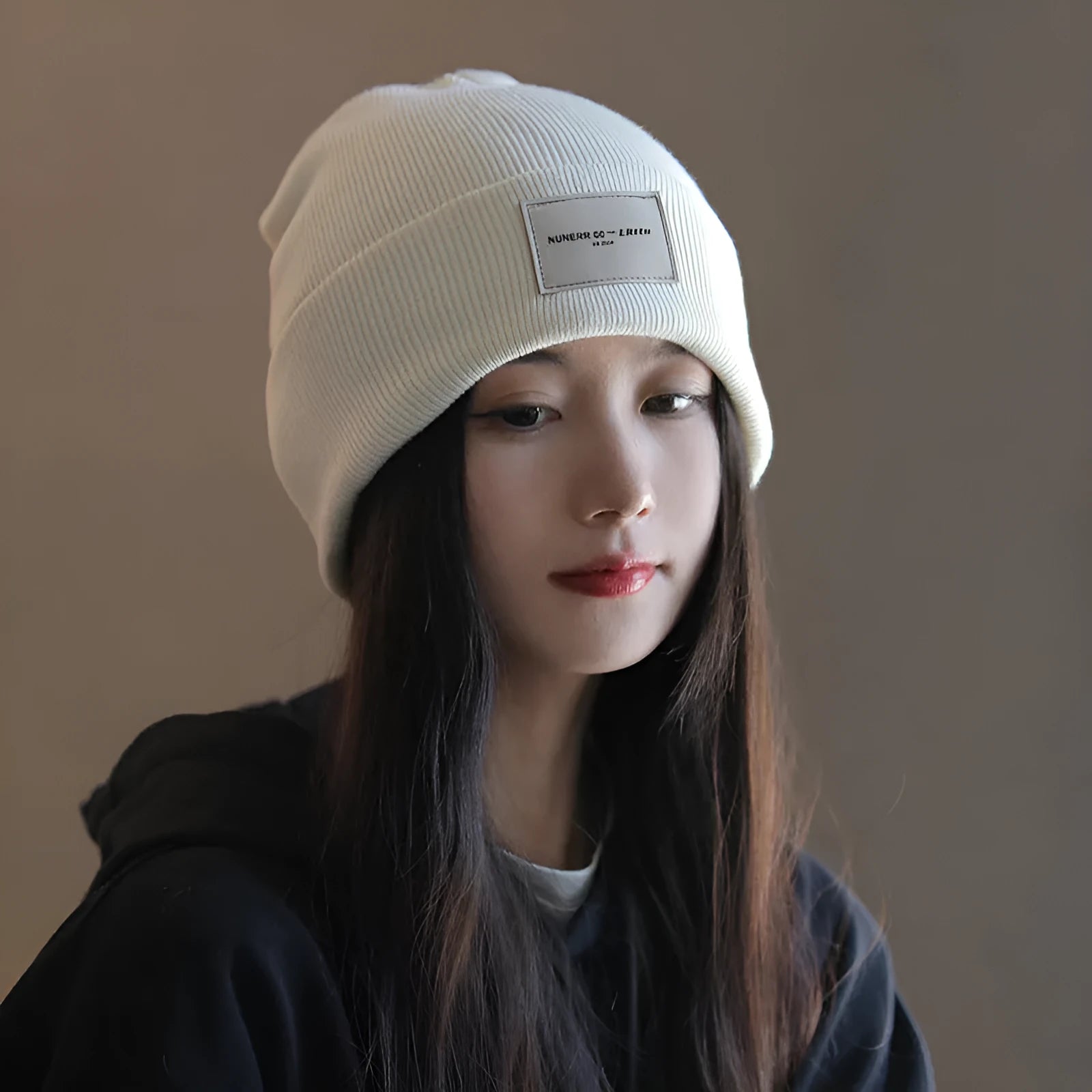 Women's knitted hat in dome crown style, polyester, available in pink, khaki, black, and beige for winter