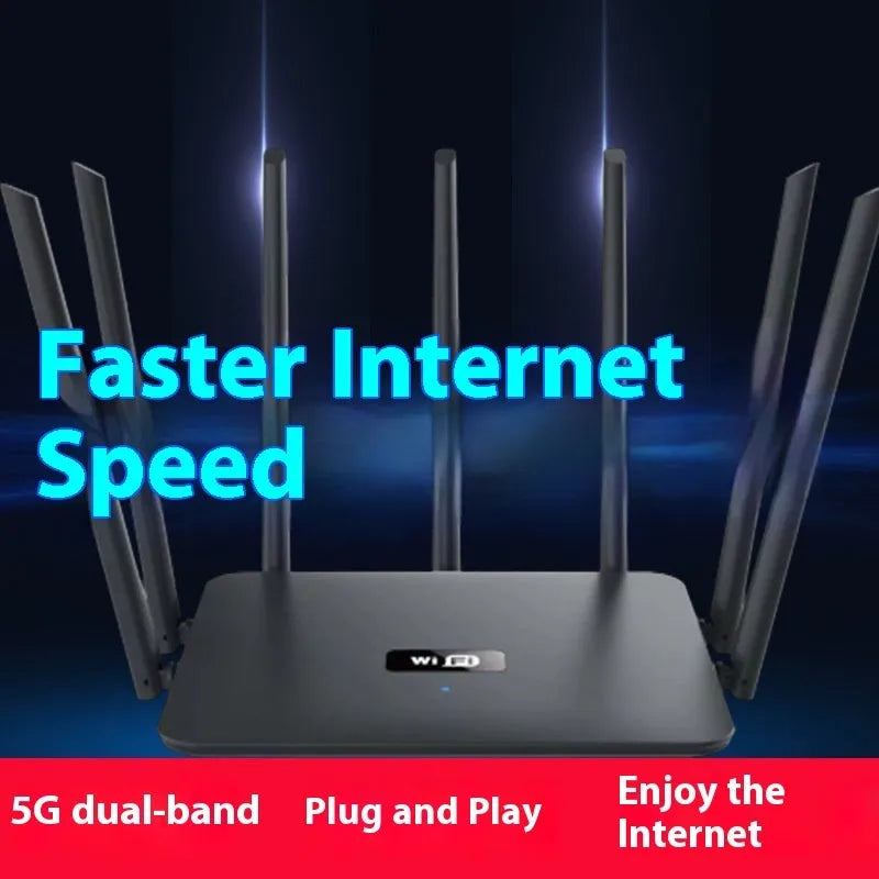 Black or white dual-band gigabit WiFi router with multiple external antennas for through-wall coverage.