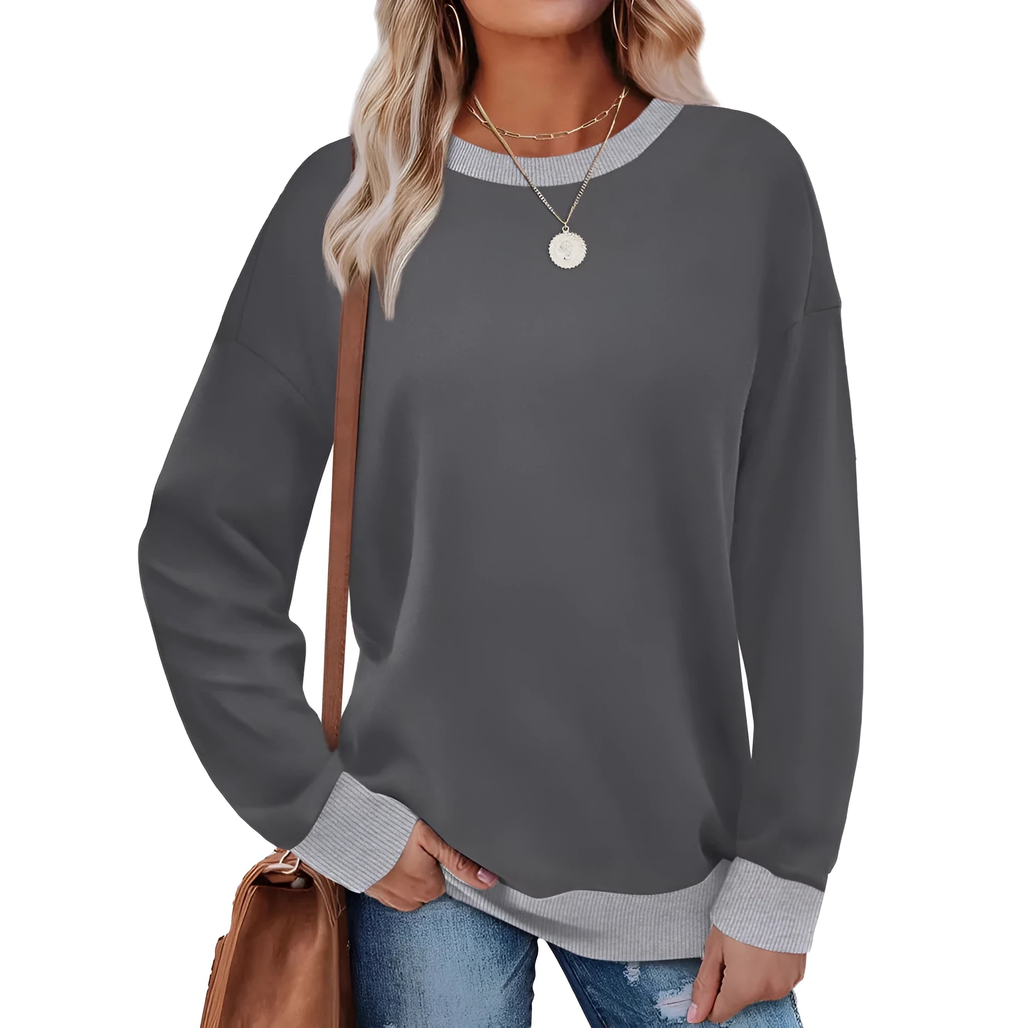 Loose fit round neck striped long-sleeved top for women in khaki, front view