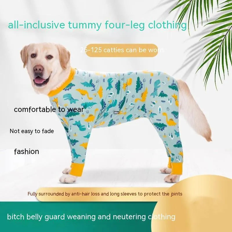 Cotton four-legged pet clothing in dinosaur design with full belly coverage, available in sizes 26 to 38 yards