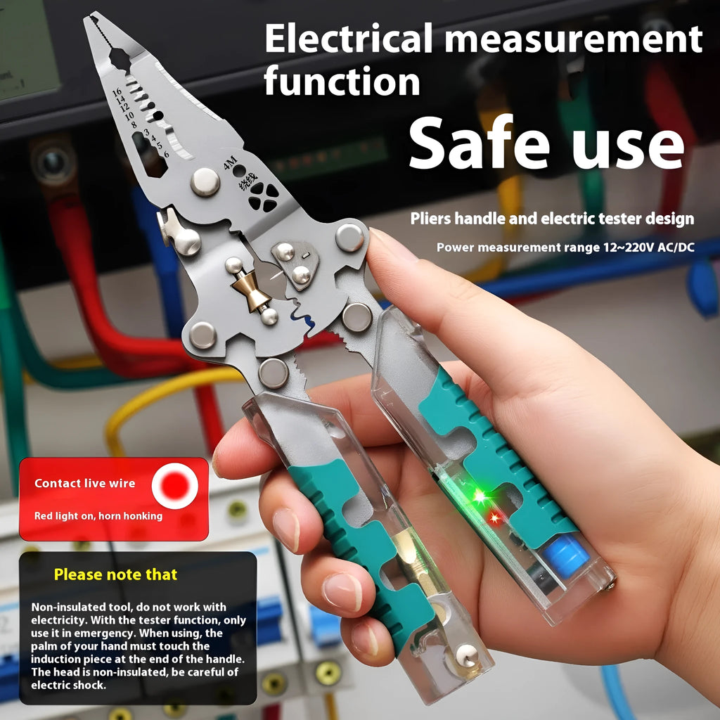Thickened steel electrician's pointed pliers with integrated wire stripping function, 215mm or 225mm length.