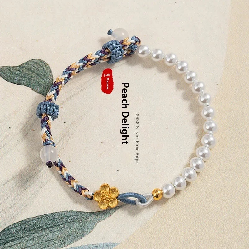 Peach-coloured Chinese flower weaving bracelet with sterling silver chalcedony clasp