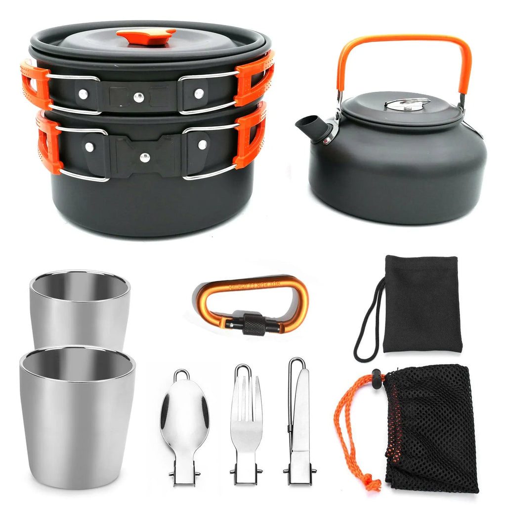 Hard alumina camping cookware set with saucepan, frying pan, 800ml teapot, two 175ml stainless steel cups, cutlery and mesh bag