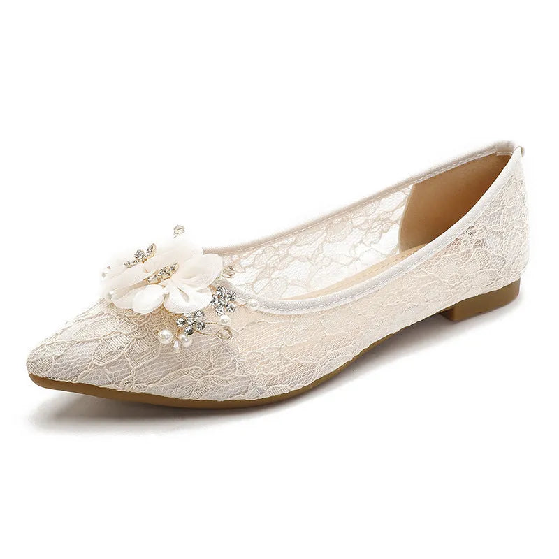 Apricot flat heel wedding shoes with lace and rhinestone details, shallow mouth, low top, sizes 35 to 43