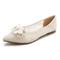 Apricot flat heel wedding shoes with lace and rhinestone details, shallow mouth, low top, sizes 35 to 43