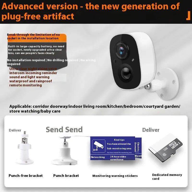 White indoor battery-powered Wi-Fi security camera with built-in bracket on a table.