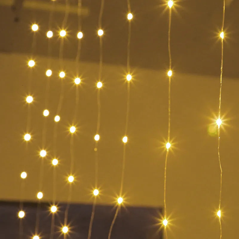 Copper wire curtain LED string lights in blue, purple, warm white, or white, with USB plug for power.
