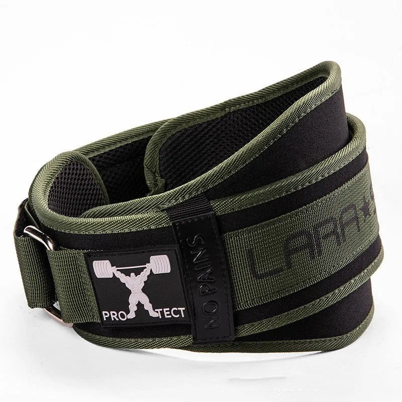 Men's fitness lumbar support belt in army green for weight training and gym workouts.