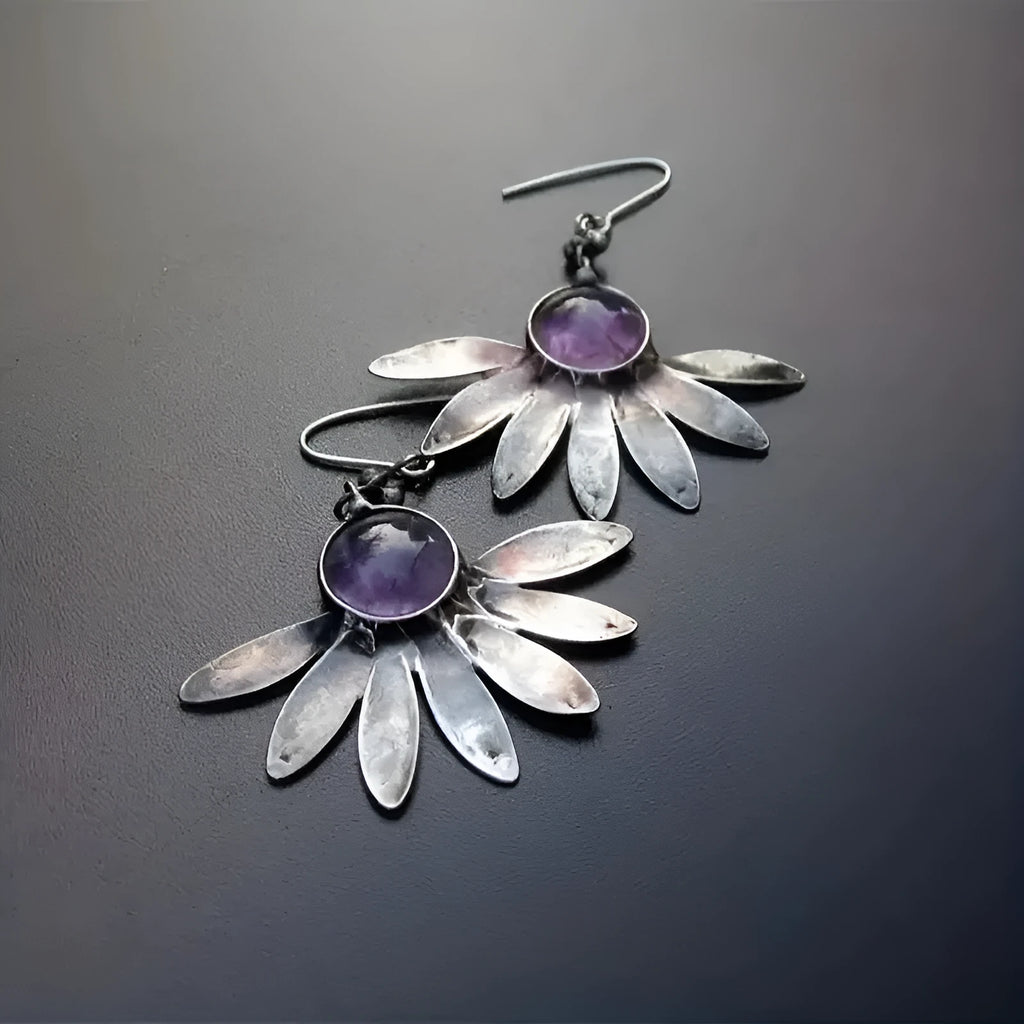 Purple resin gemstone earrings with animal zodiac design in bohemian style