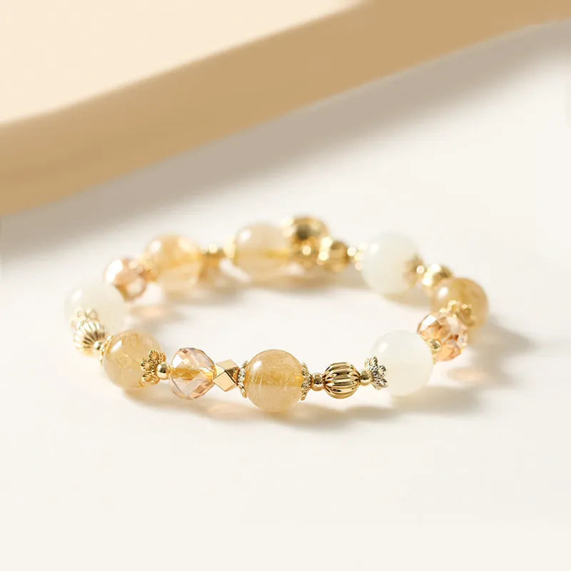Korean style gold rutilated quartz crystal bracelet with electroplated finish and adjustable design