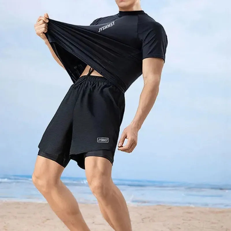 Men's plus size swimming trunks and top set in polyester fabric with pattern design