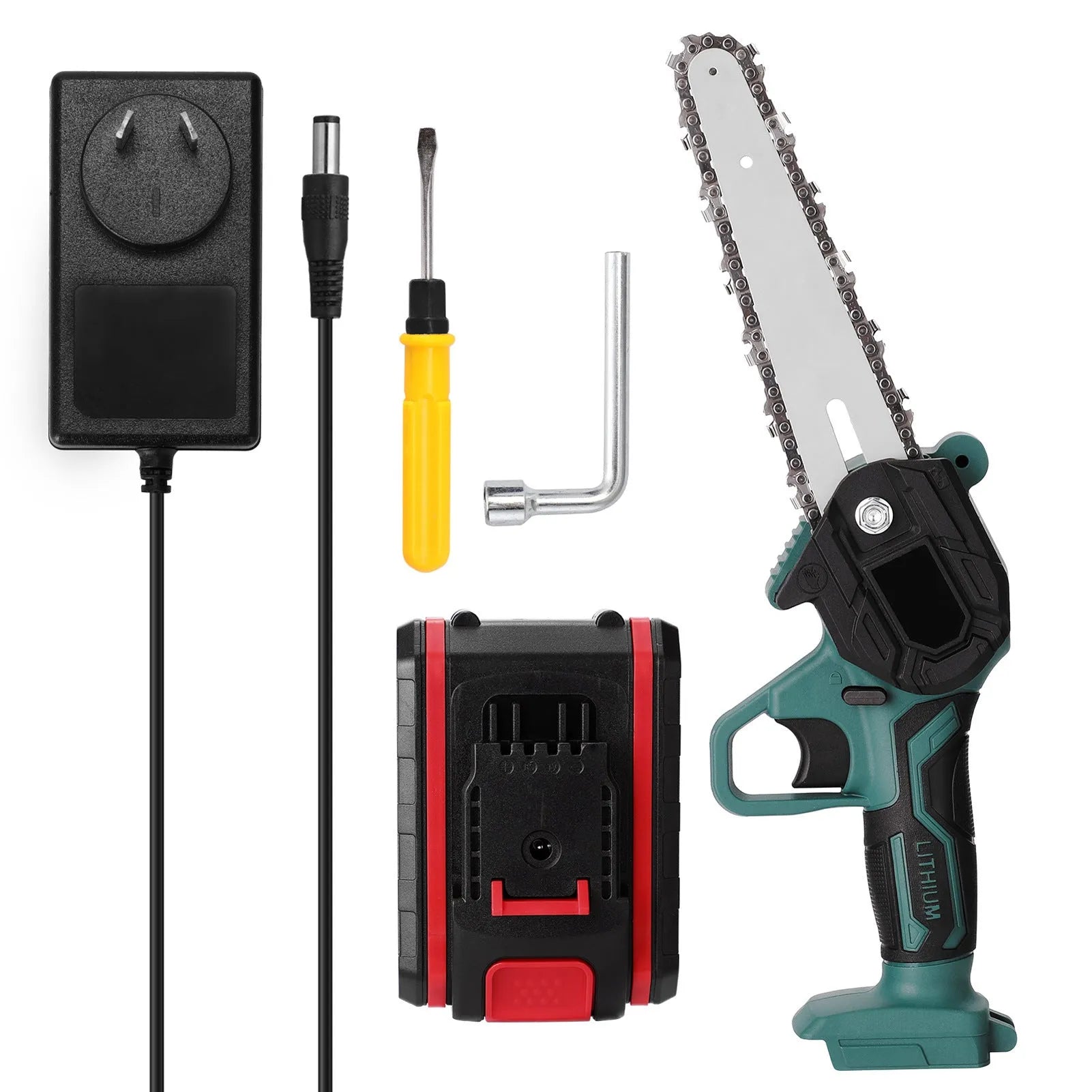Black mini electric chainsaw held in one hand showing 4-inch guide plate and compact body.