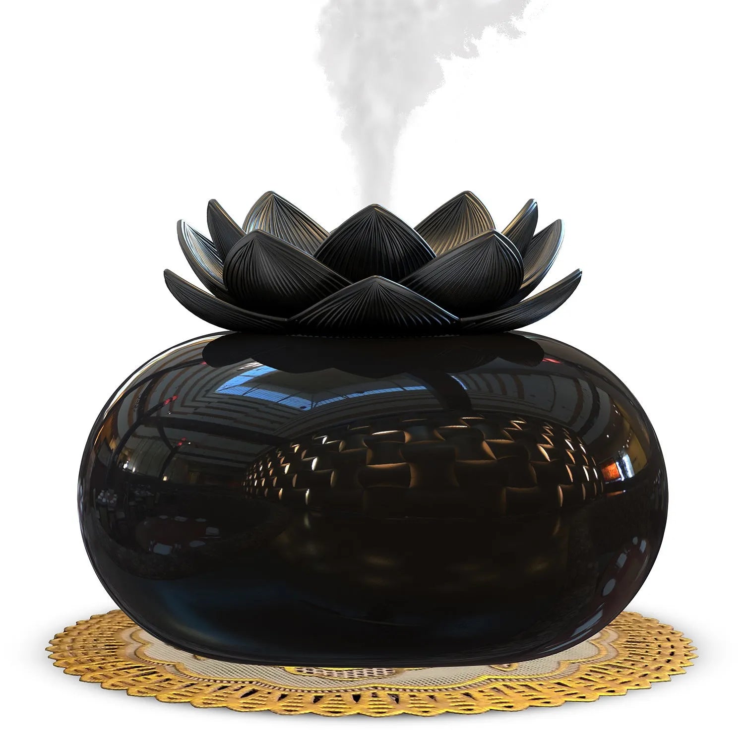Pure black round USB aromatherapy humidifier with ultrasonic mist outlet.