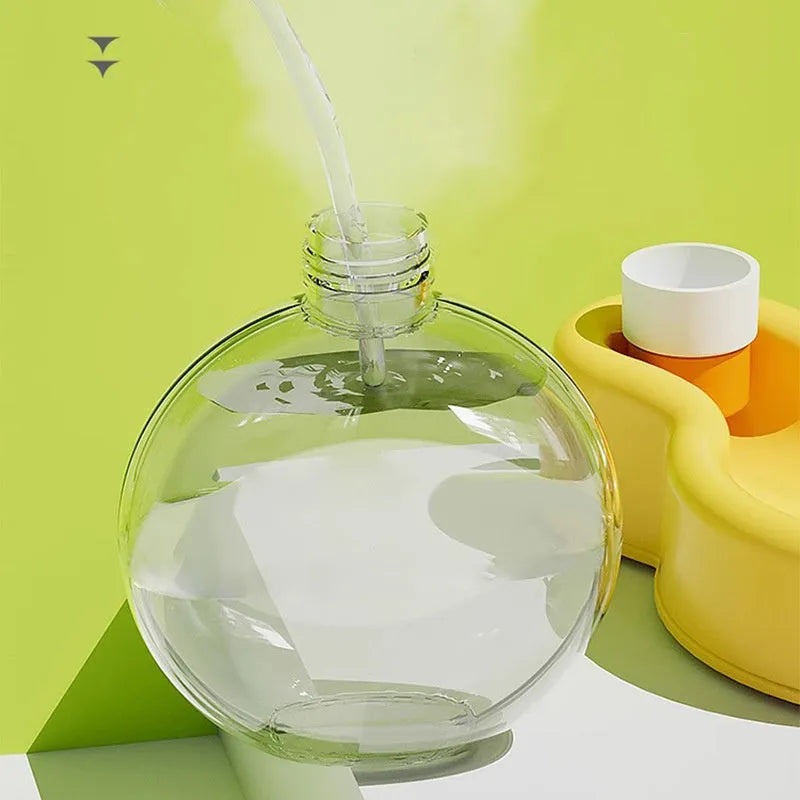 Green portable dog travel water bottle with pull-out bowl, shown with dimensions.