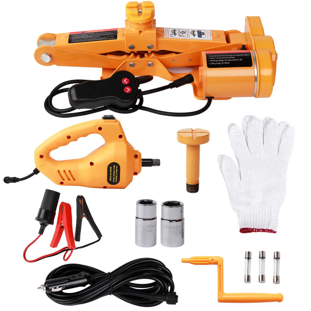 Yellow electric car jack set with wrench for roadside tyre changes