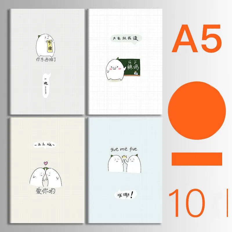 Pack of 10 A5 and B5 soft cover kraft paper notebooks with various designs, showing thread binding.