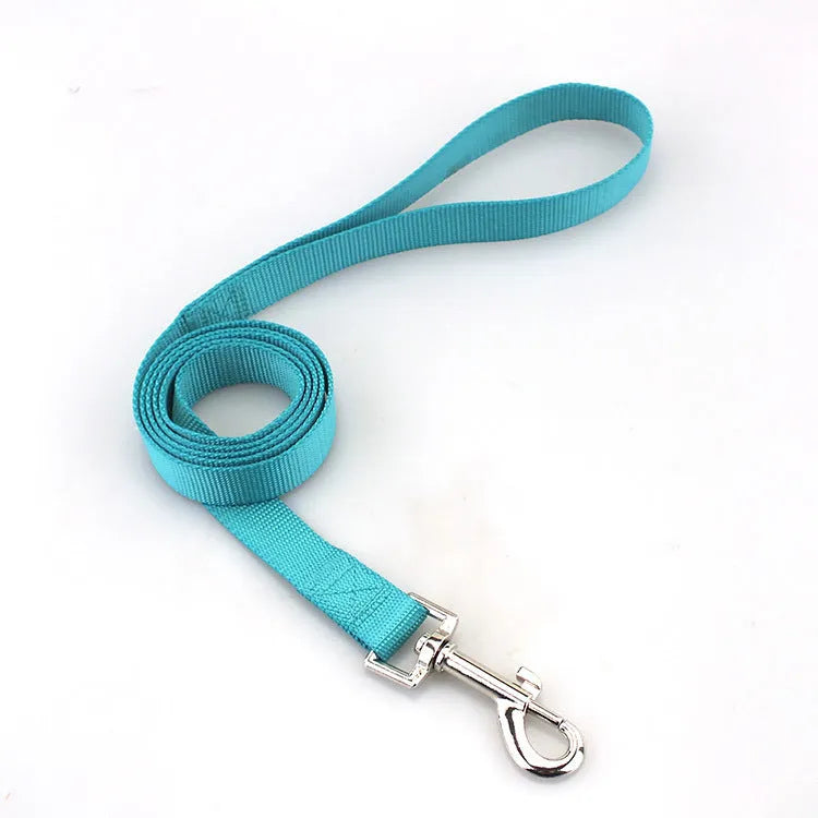 Solid colour polyester dog tug-of-war rope toy shown in blue, with hand loops, for interactive play with pets.