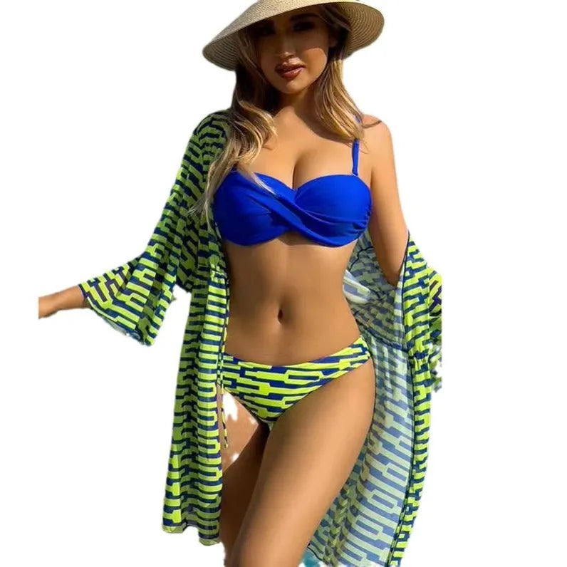 Three-piece bikini swim set for women with mesh printed stripe design, top, pants, and jacket in multiple colours