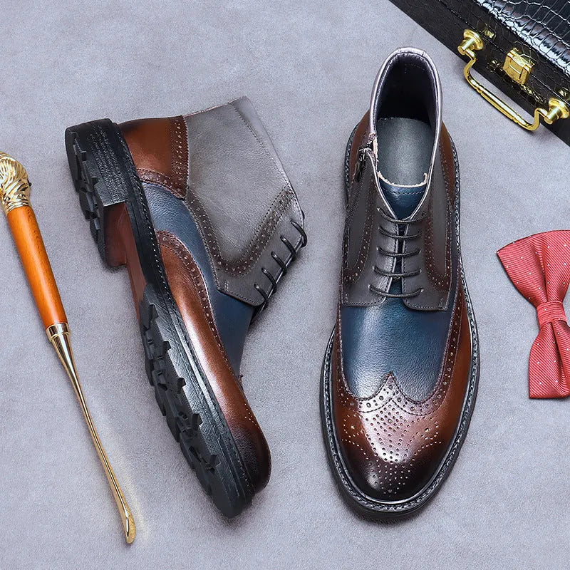 Men's coffee blue leather brogue boots with colour blocking and front lacing on a rubber sole.