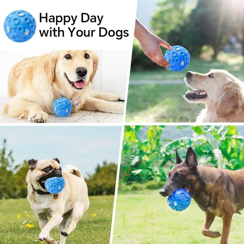 Durable elastic rubber dog toy ball in assorted colours with a textured surface for teeth cleaning.