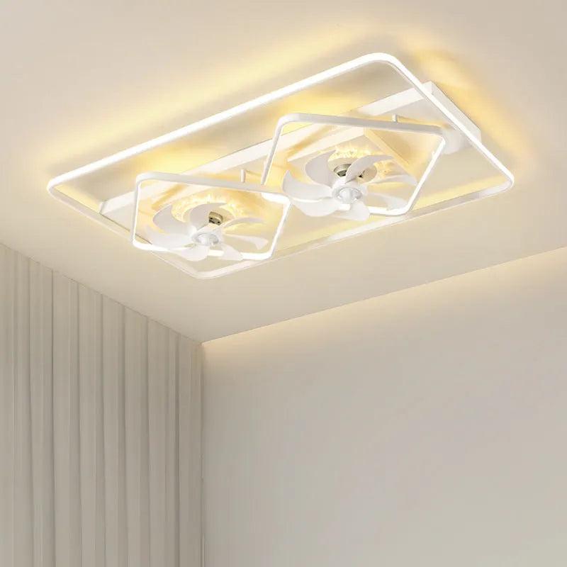 Modern ceiling fan with integrated light fitting, showing plastic blades and an acrylic lampshade.