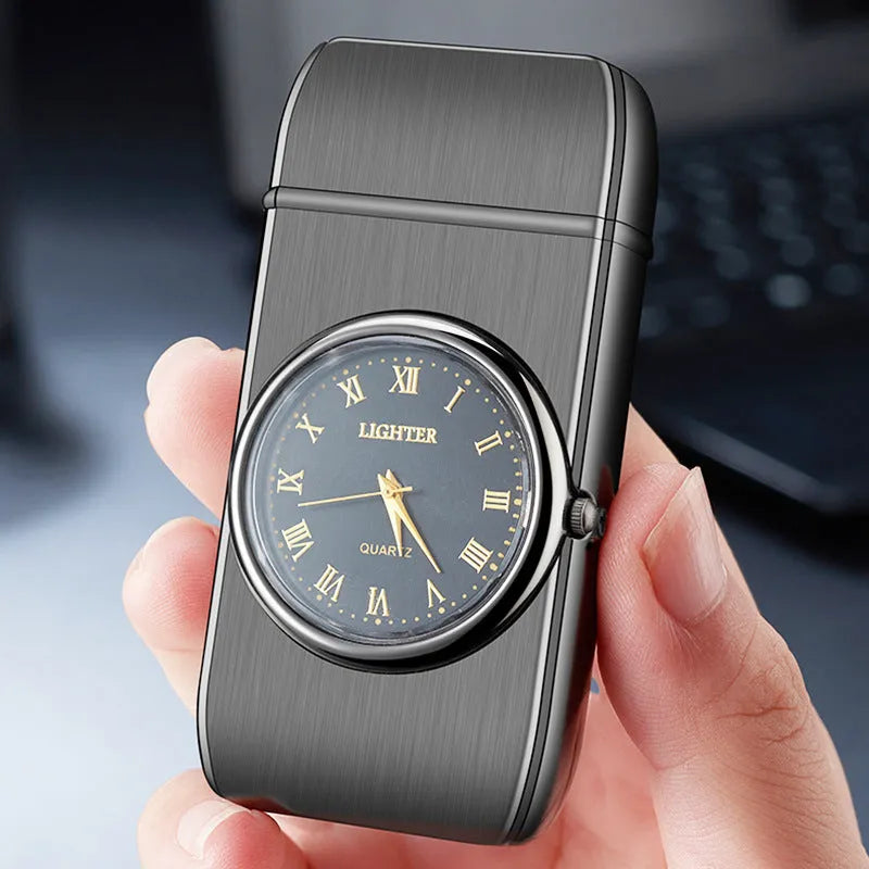 Multifunctional electronic watch and gas lighter with LED lamp in metal casing, shown in various brushed and textured finishes.