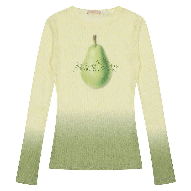Women's long-sleeved gradient flower print T-shirt in light pink, made from thin polyester fabric.