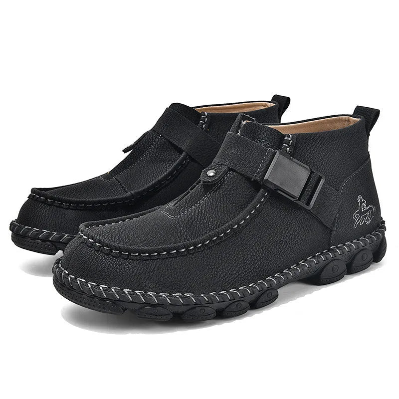 Men's black handmade stitching casual flat bottom slip on shoes made from synthetic leather.