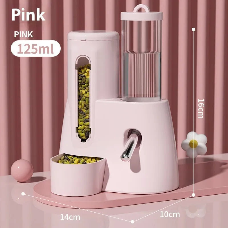 White, blue, and pink hamster automatic drinking water feeder and food basin in large and small sizes.