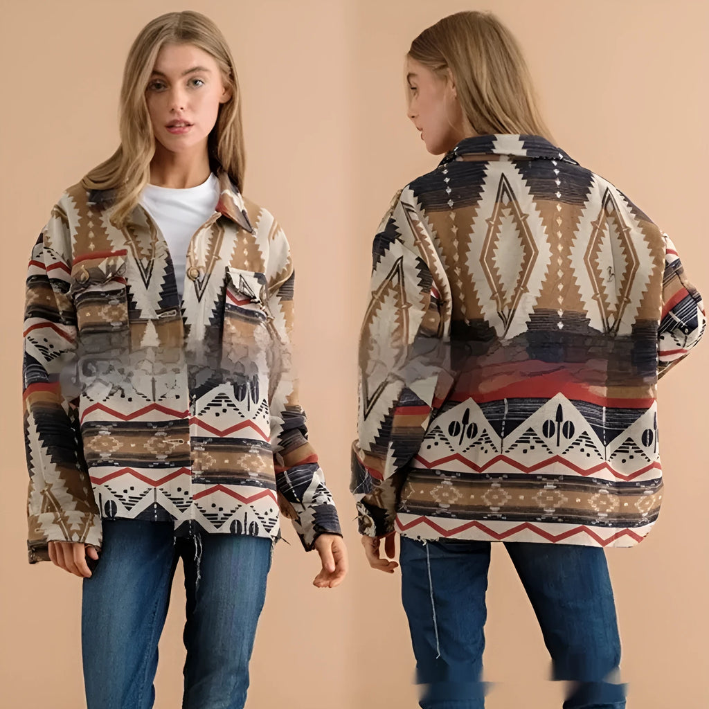 Women's loose fit aztec print retro coat in wool blend fabric, shown in army green.