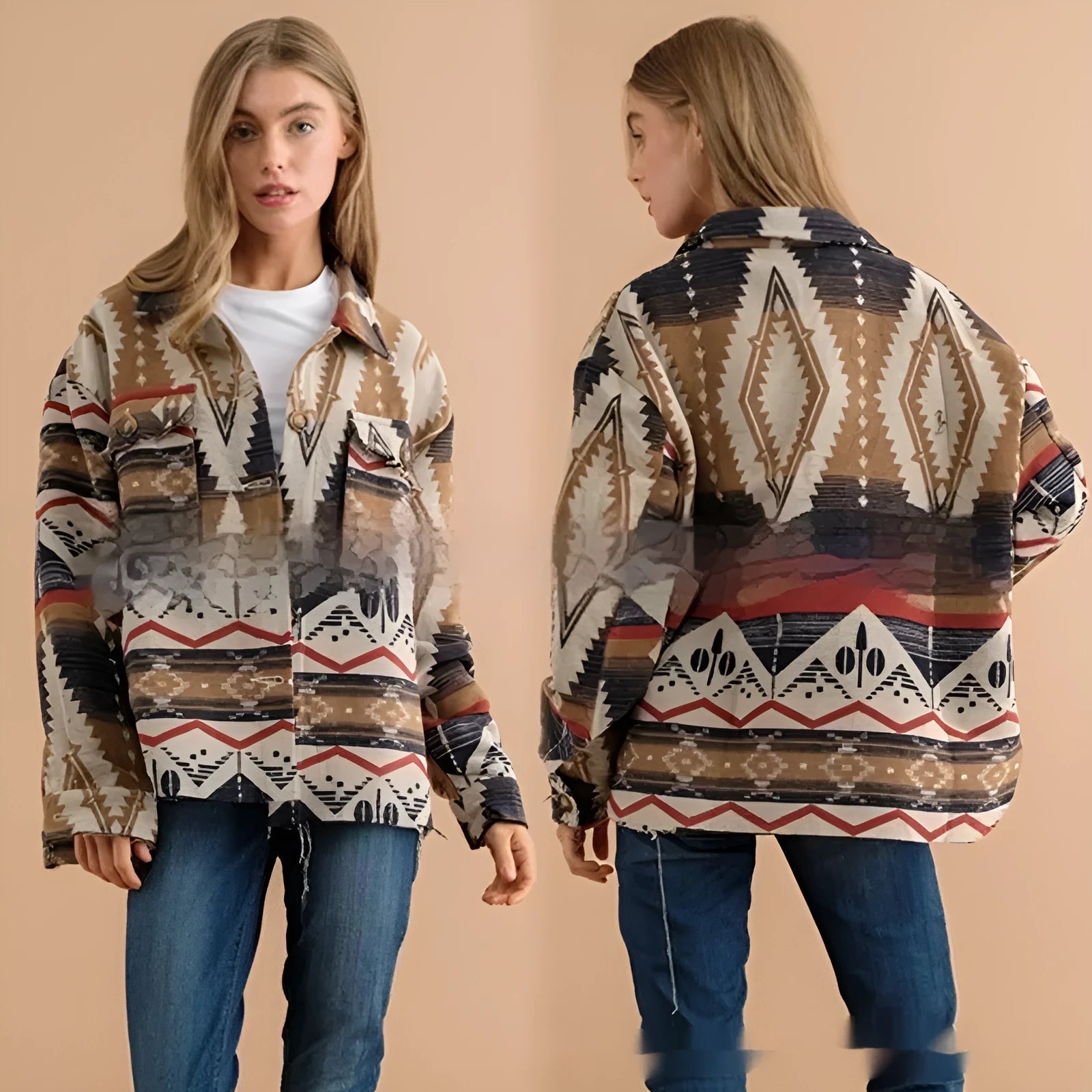 Women's loose fit aztec print retro coat in wool blend fabric, shown in army green.