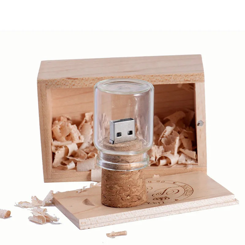 Chocolate brown wooden drift bottle shaped USB flash drive on a wooden surface.