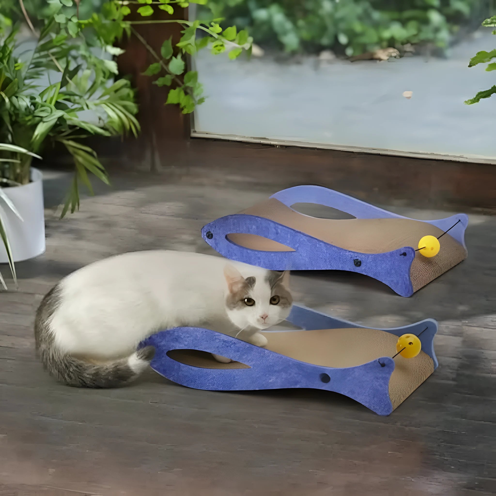 Blue fish-shaped cardboard cat scratcher lounge with a red bell ball toy on an elastic cord.
