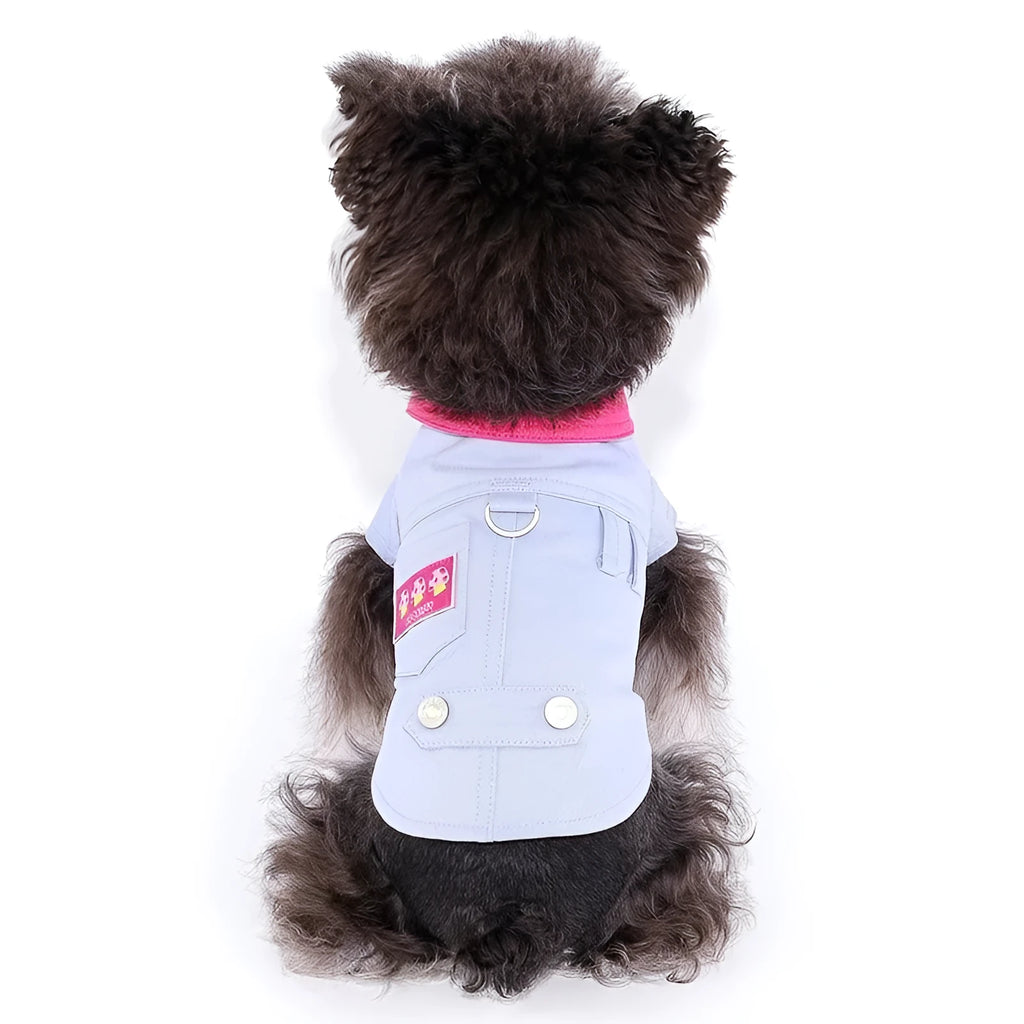 Blue and purple polyester dog harness with traction rope ring for small dogs, showing size options