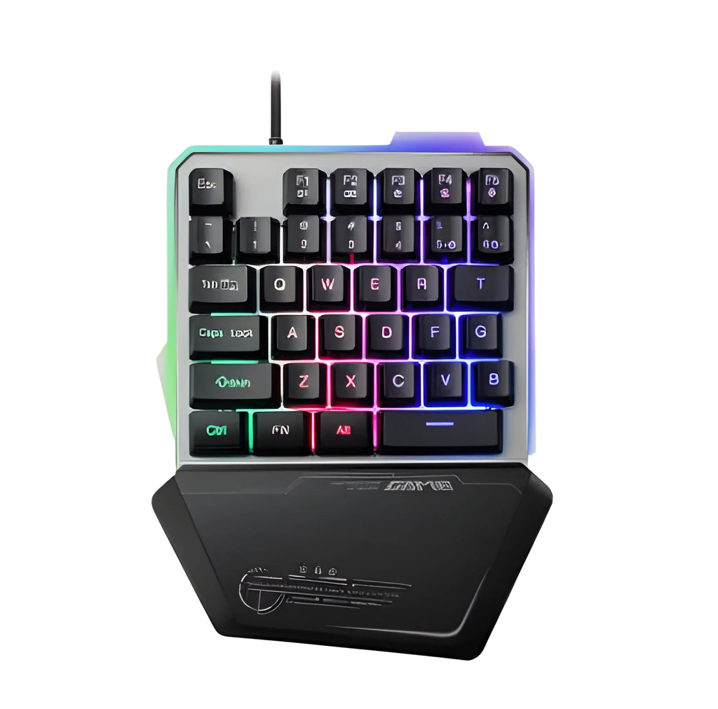 Black G40 Flow one-handed mechanical gaming keyboard with RGB backlit keys on a desk.