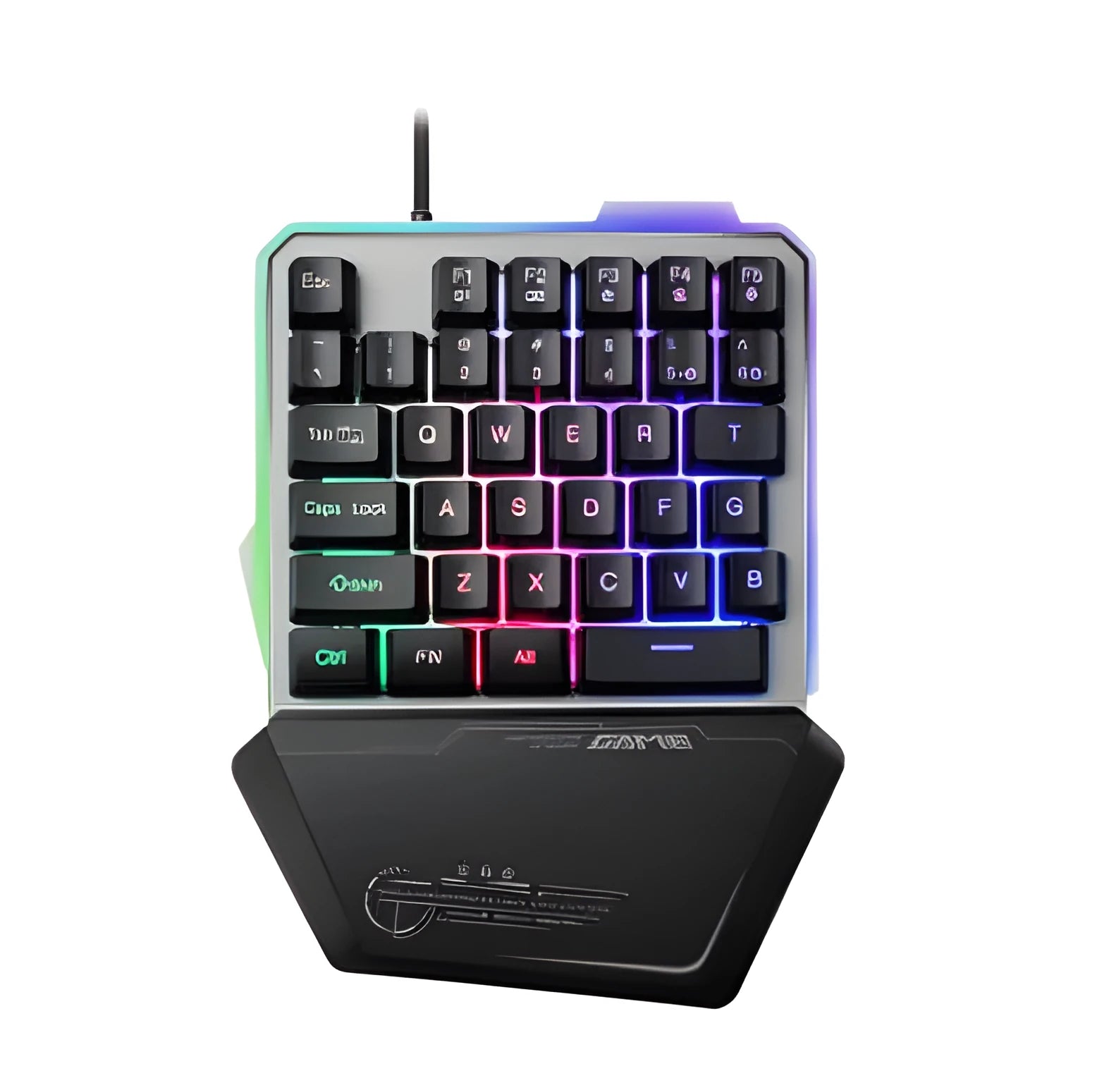 Black G40 Flow one-handed mechanical gaming keyboard with RGB backlit keys on a desk.
