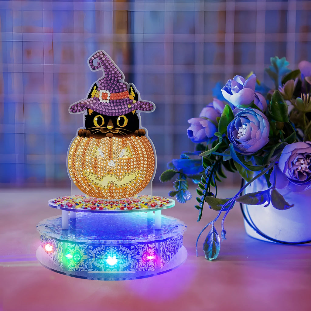 Handmade diamond painting music box kit with PVC plates, music movement, light string, and tools for Halloween and Easter decoration