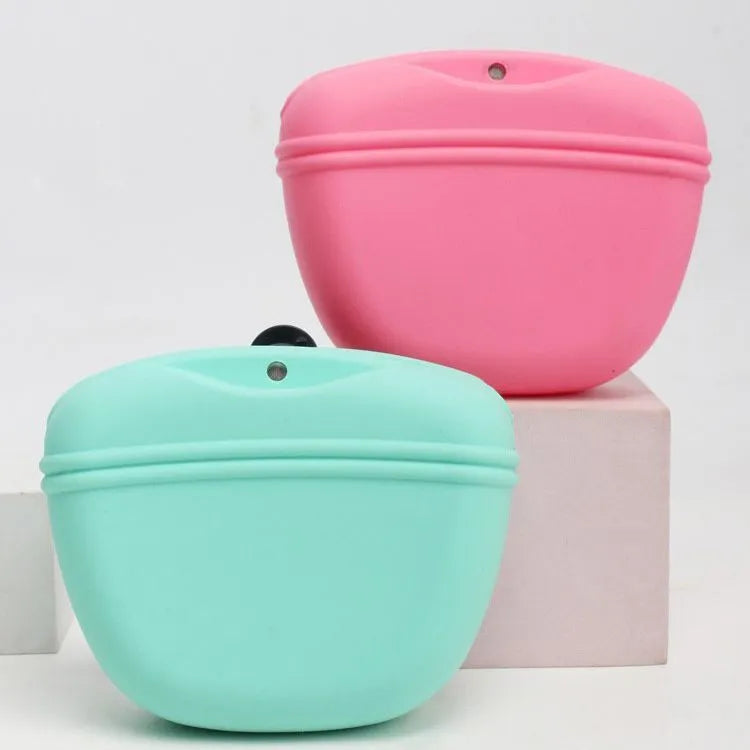 A portable silicone dog treat waist bag with a clip and magnetic opening, shown in available colours.