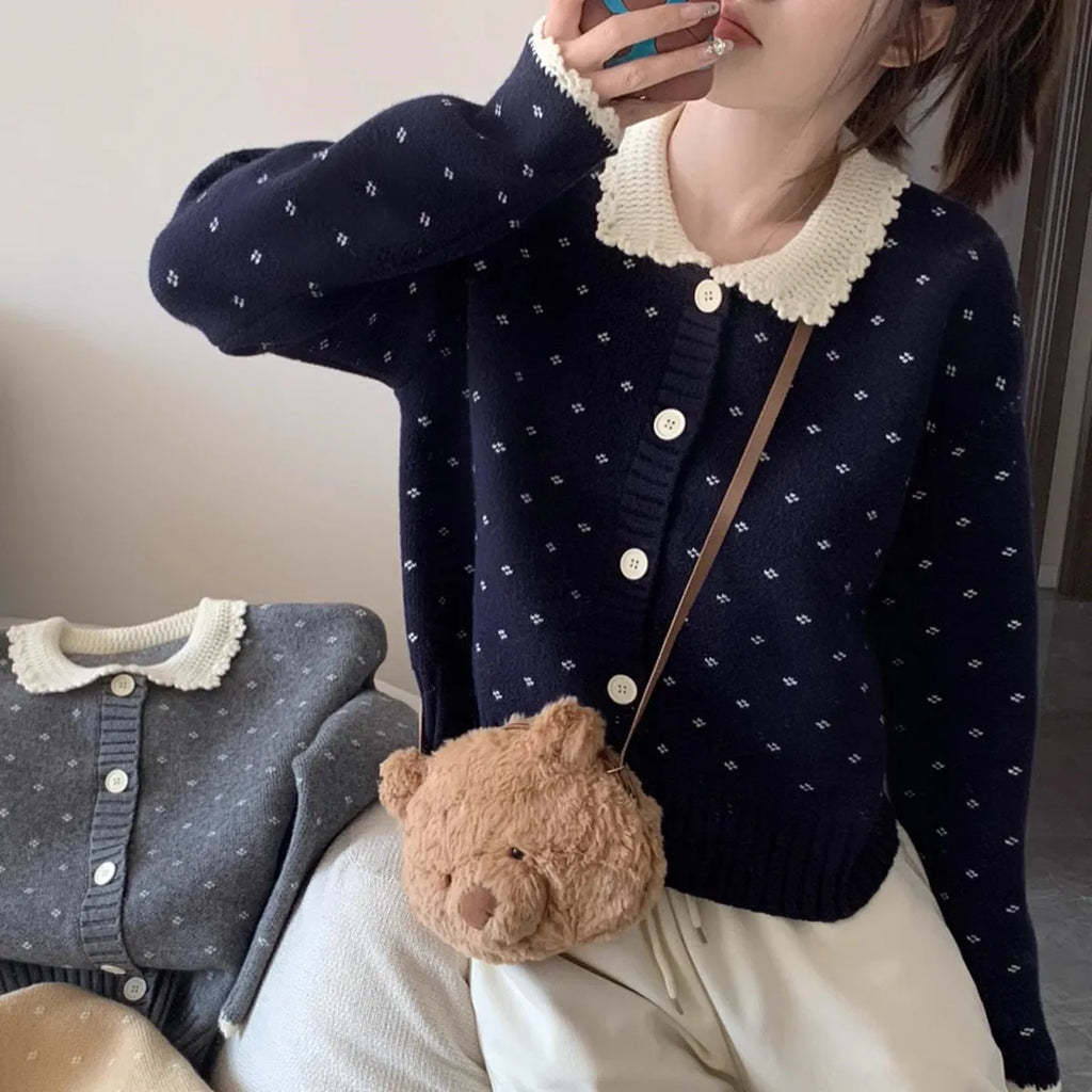 Retro Peter Pan collar floral knitted cardigan coat in casual style