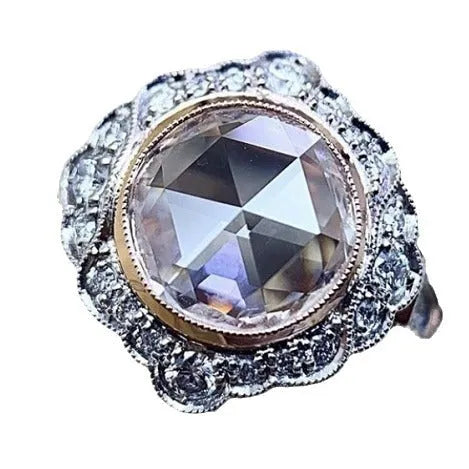 Rose gold two-tone alloy ring with white diamond moissanite stone geometric shape for women