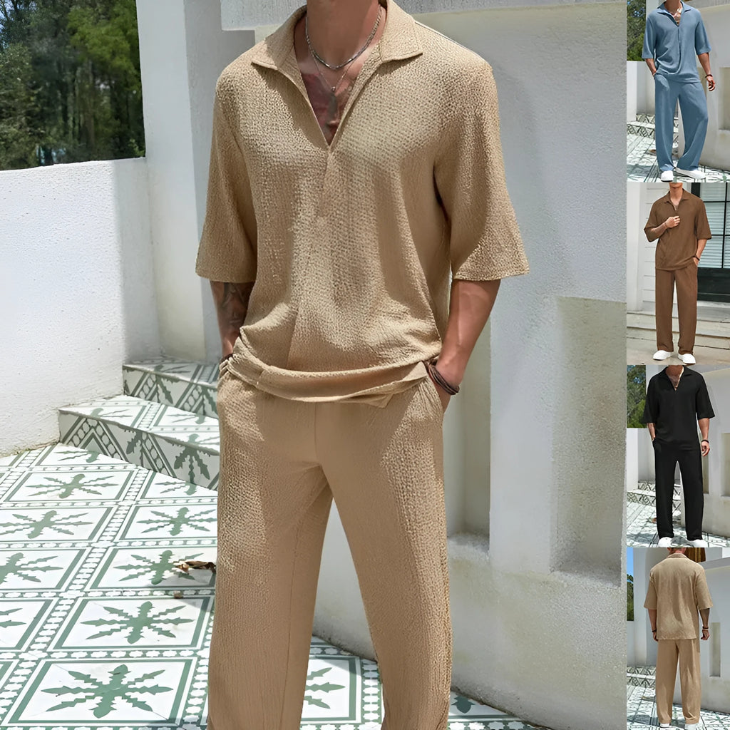 Men's cotton short-sleeved top and loose straight trousers casual suit in khaki for summer commuter wear