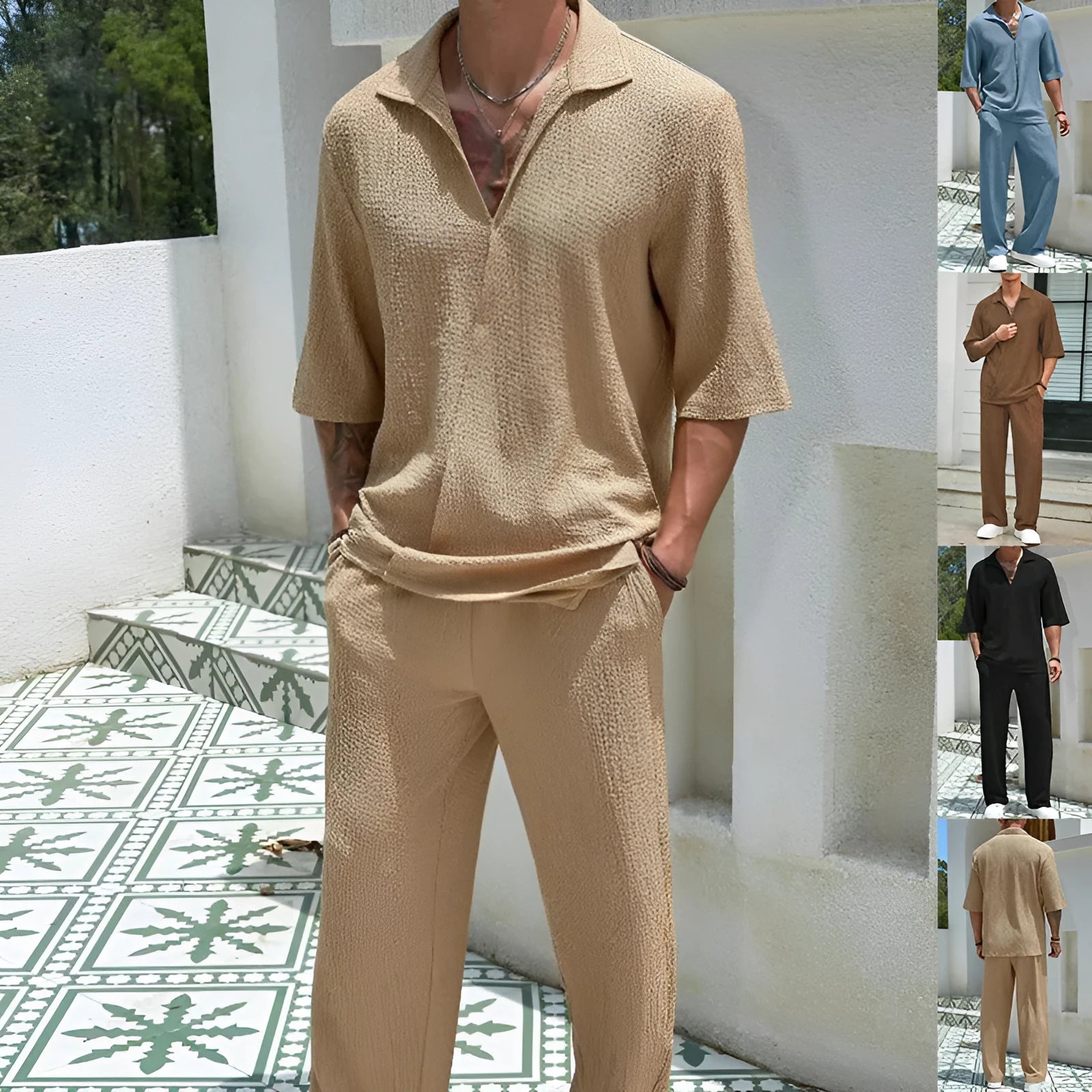 Men's cotton short-sleeved top and loose straight trousers casual suit in khaki for summer commuter wear