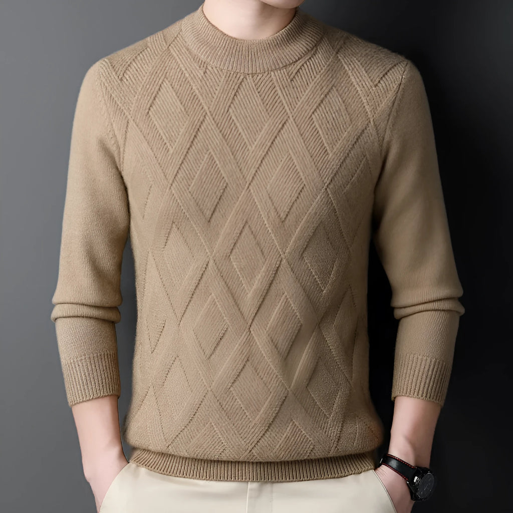 Men's thick diamond jacquard knit sweater in light camel colour, a plus-size winter pullover.