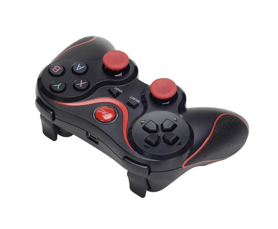 Upgraded X3 black and white Bluetooth wireless game controller for Android phones with cellphone clip attached.